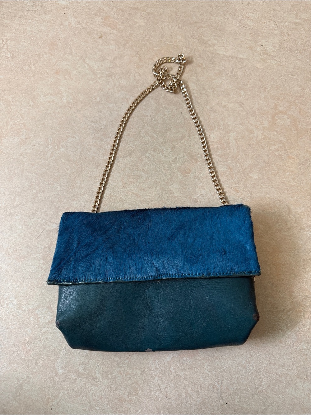 Source Unknown Blue Leather & Haircalf Chain Shoulder Bag